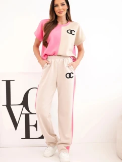 Dámský máslový komplet s oversize mikinou a širokými kalhotami růžová + béžová