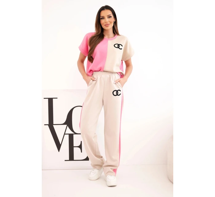Dámský máslový komplet s oversize mikinou a širokými kalhotami růžová + béžová