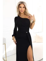 model 21822290 Třpytivé maxi šaty na jedno rameno s asymetrickými rukávy a rozparkem černé - numoco