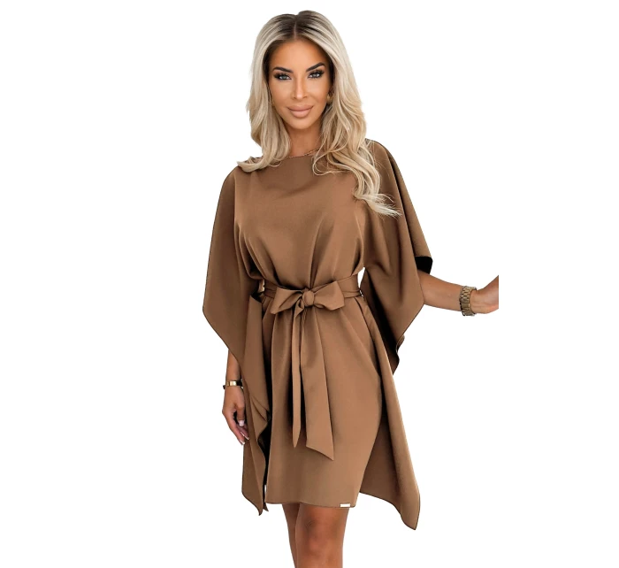 287-39 SOFIA Motýlie šaty so zaväzovaním v páse - cappuccino 287-39 SOFIA Motýlie šaty so zaväzovaním v páse - cappuccino