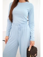Dámska súprava z viskózy s blúzkou a širokými nohavicami modrá
