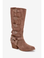 Dámske kovbojské čižmy na podpätku s prackami Fivelle - tmavo béžové Dámske kovbojské čižmy na podpätku s prackami Fivelle - tmavo béžové