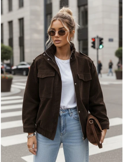 FashionStreet dámska semišová bunda bomber v čokoládovej farbe TY5577