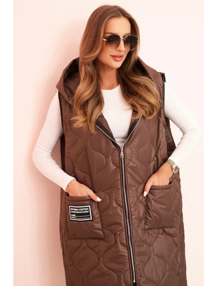Dámske Plus veľkosť prešívaná vesta s kapucňou na zips Brown