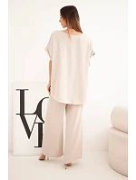 Dámský komplet Plus Size halenka a kalhoty se širokými nohavicemi béžová