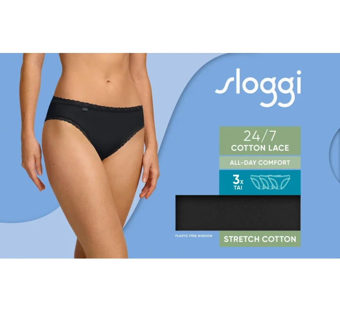 Dámske nohavičky sloggi 24/7 Cotton Lace Tai C3P - čierne - SLOGGI Dámske nohavičky sloggi 24/7 Cotton Lace Tai C3P - čierne - SLOGGI