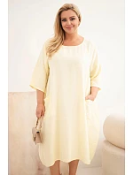 Dámske plus size viskózové šaty s vreckami a krátkymi rukávmi žlté