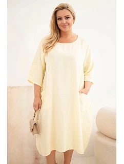Dámske plus size viskózové šaty s vreckami a krátkymi rukávmi žlté