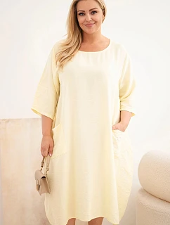 Dámske plus size viskózové šaty s vreckami a krátkymi rukávmi žlté
