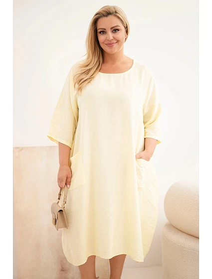 Dámske plus size viskózové šaty s vreckami a krátkymi rukávmi žlté