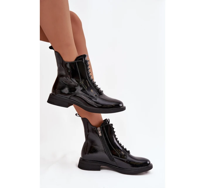 Lakované dámské kozačky z přírodní kůže model 21713802 Černé - D&A
