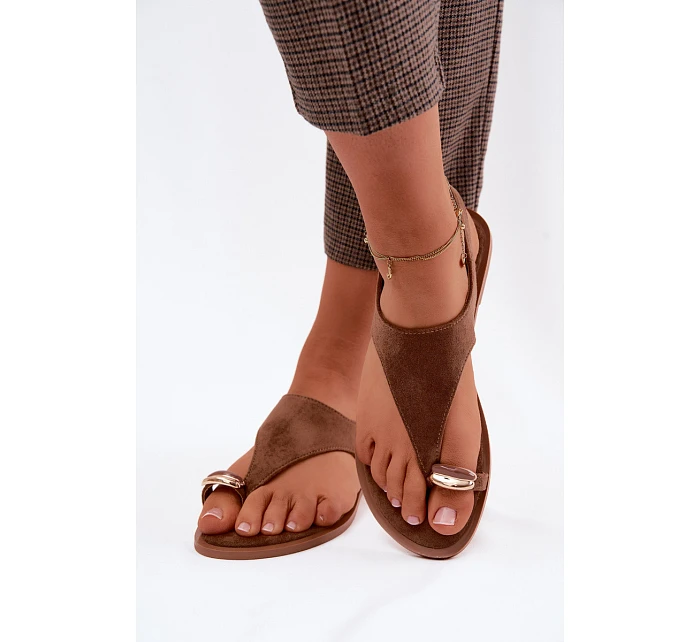 Dámské sandály Ploché S Zlatým Detalem Eko Semiš Hnědé Jelviane