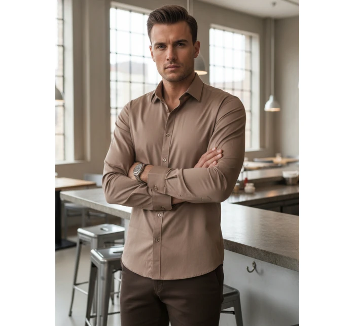 Pánska elegantná hladká béžová košeľa REGULAR FIT FashionStreet DX2686