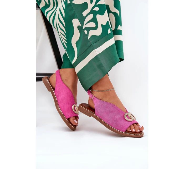 Sandały Damskie Z Ozdobą Na Płaskim Obcasie Eko Zamszowe Różowe Ralisses