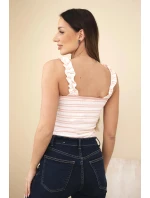 Dámska rebrovaná blúzka na ramienka s volánom púdrovo ružová