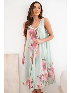 Dámske bavlnené oversize šaty s véčkovým výstrihom a kvetinovou potlačou tmavo mätovej farby