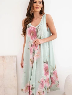 Dámske bavlnené oversize šaty s véčkovým výstrihom a kvetinovou potlačou tmavo mätovej farby