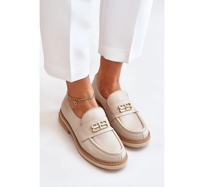 Zazoo 20174 Skórzane Eleganckie Półbuty Damskie Na Płaskim Obcasie Beżowe