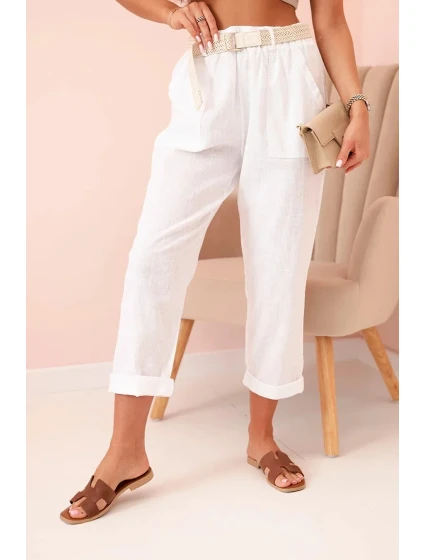Dámske ľanové nohavice s bavlnou a opaskom biele
