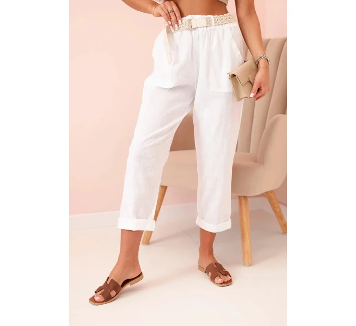 Dámske ľanové nohavice s bavlnou a opaskom biele