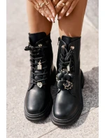 Eko Skórzane Botki Workery Damskie Z Przypinkami Czarne Rianael Eko Skórzane Botki Workery Damskie Z Przypinkami Czarne Rianael