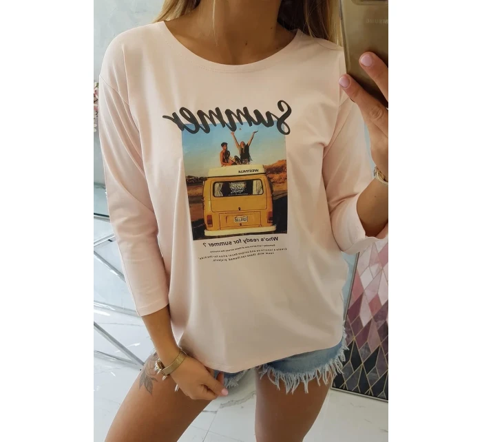 Blúzka s potlačou Letné auto púdrovo ružové