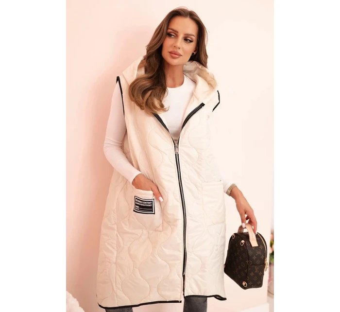 Dámská prošívaná vesta Plus Size s kapucí na zip světle béžová