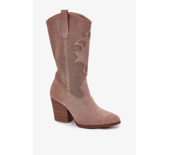 Dámske perforované čižmy v kovbojskom štýle so stĺpcovým podpätkom S.Barski - béžové, ekokoža Dámske perforované čižmy v kovbojskom štýle so stĺpcovým podpätkom S.Barski - béžové, ekokoža