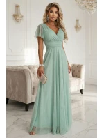 dlouhé třpytivé šaty s výstřihem a krátkými rukávy pistáciová barva model 22019068 - numoco basic