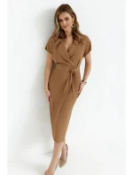 S363 Košeľové šaty s opaskom na zaväzovanie - béžové