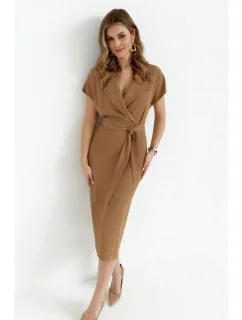 S363 Košeľové šaty s opaskom na zaväzovanie - béžové