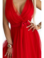 Dámske tylové šaty s výstrihom a mašľou Numoco - červené