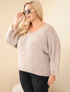 Dámský svetr Plus Size s výstřihem do V a širokým rukávem béžový tmavý