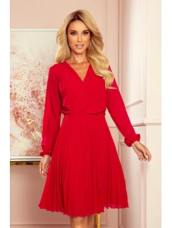 ISABELLE Červené plisované dámské šaty s dekoltem a dlouhými rukávy model 22124162 - numoco
