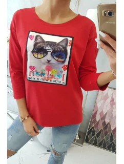 Halenka s 3D grafikou kočky červená