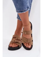 Dámské pantofle s pásky a zlatým přezkou tmavě béžové Selorina