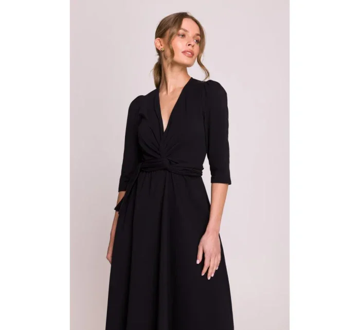 S404 Pletené šaty s opaskom na zaväzovanie - čierne S404 Pletené šaty s opaskom na zaväzovanie - čierne