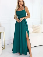 589-6 Maxi šaty bez ramienok s korzetovým zaväzovaním vzadu a rozparkom - fľaškovo zelené