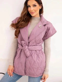 Dámska prešívaná vesta s opaskom a širokým golierom tmavoružová