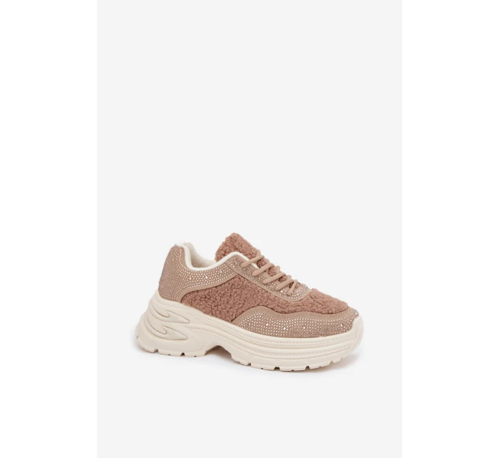 Sneakersy Damskie Z Cyrkoniami I Futerkiem Typu Baranek Beżowe Zarika Sneakersy Damskie Z Cyrkoniami I Futerkiem Typu Baranek Beżowe Zarika