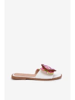 Klapki Damskie Płaskie Z Ozdobną Klamrą Białe Luwam Klapki Damskie Płaskie Z Ozdobną Klamrą Białe Luwam