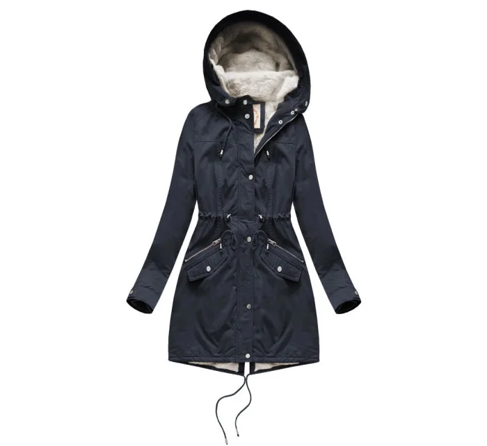 Tmavě modrá dámská zimní bunda parka s kožešinovou podšívkou a s kapucí model 21242018 - Libland