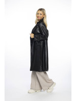 Čierny dvojradový klasický dámsky kabát z ekologickej kože AnnGissy (AG6-30)