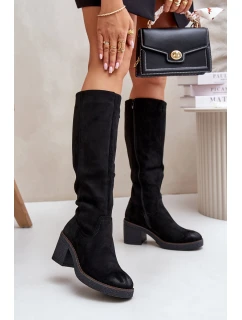 Zateplené kozačky na podpatku eko semišové nad koleno černé model 21675737 - Boto