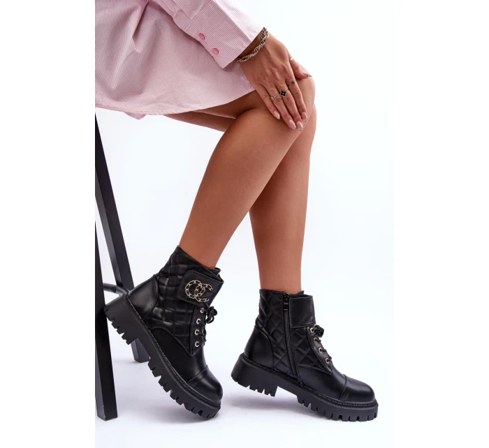 Workery Botki Damskie Z Ozdobą Czarne Toye Workery Botki Damskie Z Ozdobą Czarne Toye