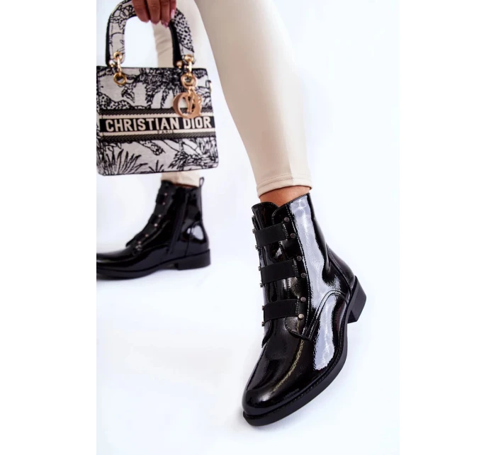 Patentované teplé ploché topánky na podpätku Black Geira Patentované teplé ploché topánky na podpätku Black Geira