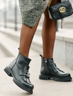 Skórzane Botki Na Płaskim Obcasie Z Ozdobą Ocieplane Czarne Asperra