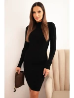 Dámske viskózové pruhované šaty s dlhými rukávmi a stojacím golierom čierne