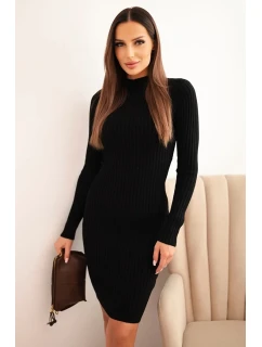 Dámske viskózové pruhované šaty s dlhými rukávmi a stojacím golierom čierne