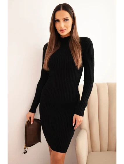 Dámske viskózové pruhované šaty s dlhými rukávmi a stojacím golierom čierne